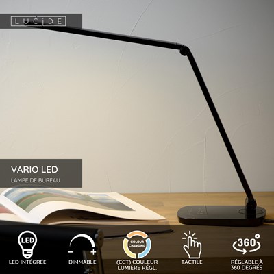 Lucide VARIO LED - Lampe de bureau - LED Dim. - CCT - 1x8W 2700K/6500K - Noir